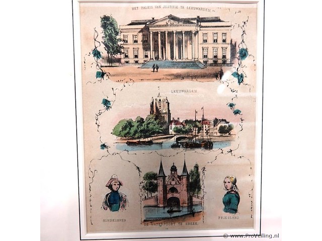 Lithografie met friese stadsgezichten, waaronder het paleis van justitie in leeuwarden en de waterpoort in sneek - afbeelding 2 van  5
