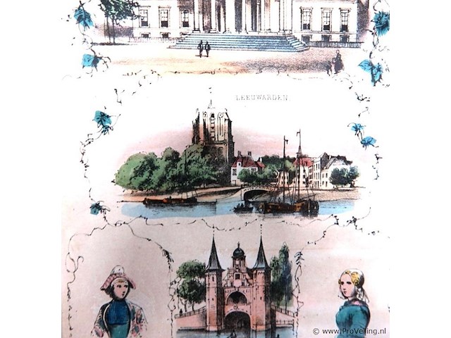 Lithografie met friese stadsgezichten, waaronder het paleis van justitie in leeuwarden en de waterpoort in sneek - afbeelding 3 van  5