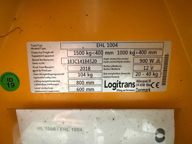 Logitrans - 2018 - ehl 1004 - hand hydraulische palletwagen - afbeelding 8 van  8
