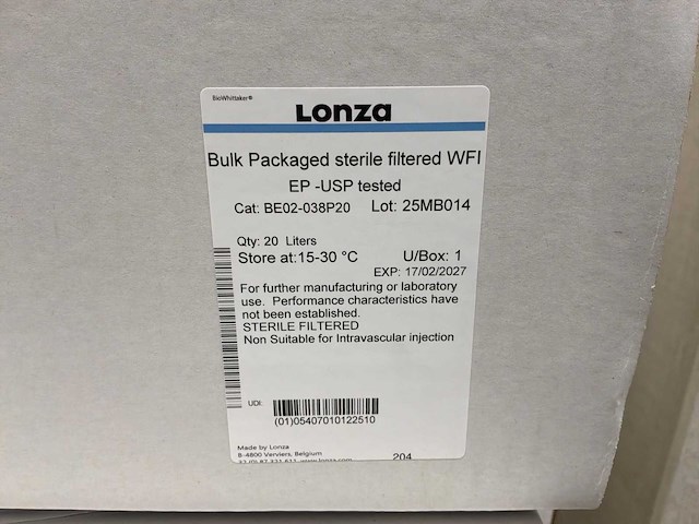 Lonza steriele gefilterde wfi (20l) (15x) - afbeelding 2 van  2