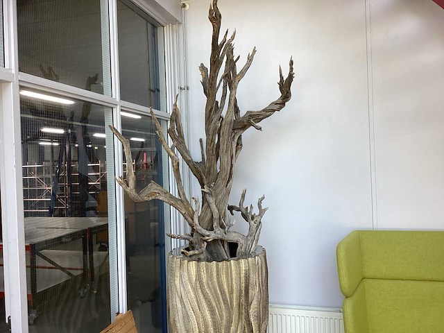 Loungebank met 2 poefs, bijzettafel, decoratie plant en kist met bordjes - afbeelding 3 van  4