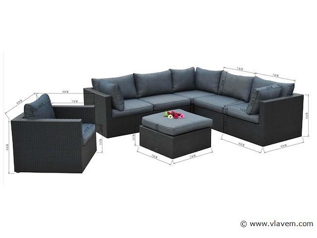 Loungeset - 7-delig wicker - zwart / antraciete kussens - afbeelding 2 van  3