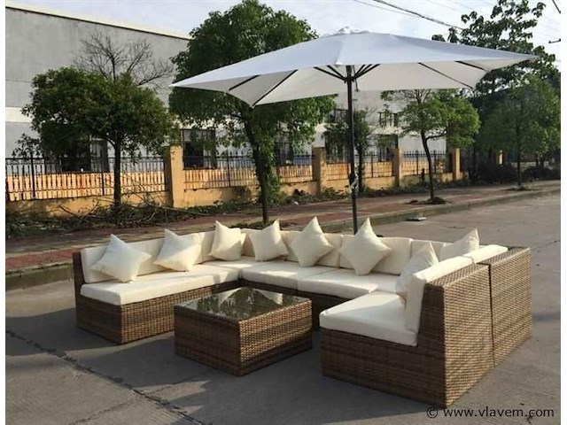 Loungeset - 8-delig wicker bruin + zandkleurig met parasol - afbeelding 1 van  3