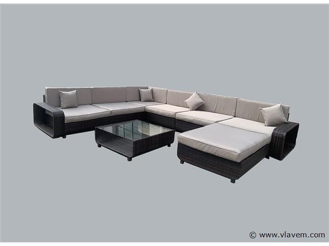 Loungeset - 8-delig wicker donkerbruin / lichtgrijze kussens - afbeelding 1 van  2
