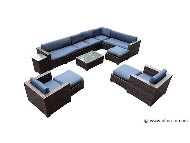 Loungeset 12-delig brown wicker / blauwe kussens - afbeelding 2 van  5