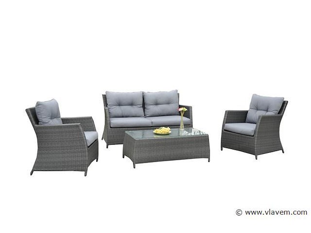 Loungeset 4-delig - antraciet wicker + grijze kussens - weerbestendig vlechtwerk - afbeelding 2 van  3