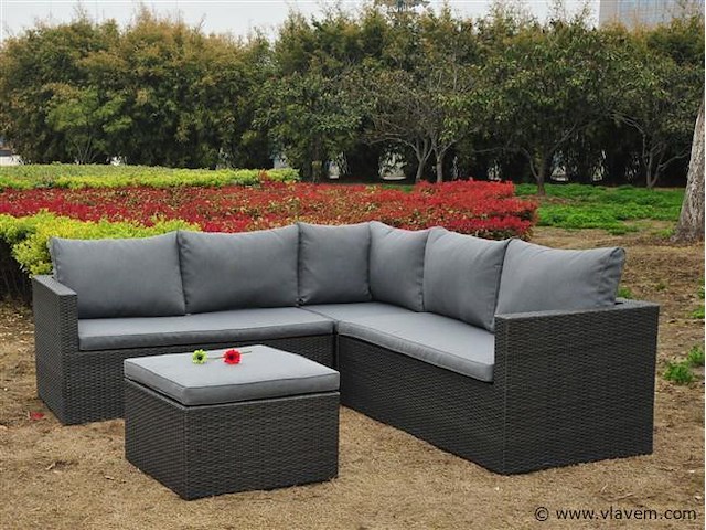Loungeset 4-delig - hoek - antraciet wicker + grijze kussens - weerbestendig vlechtwerk - afbeelding 1 van  3