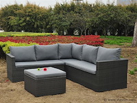 Loungeset 4-delig - hoek - antraciet wicker + grijze kussens - weerbestendig vlechtwerk - afbeelding 1 van  3