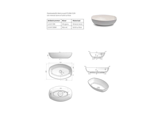 Luca sanitair - danish ovaal - luva1308m - waskom 57x38cm - afbeelding 2 van  3