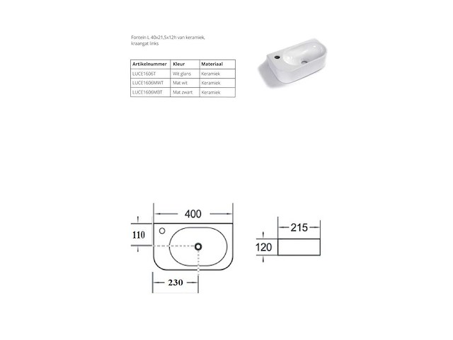Luca sanitair - luce1606mbt - fontein 40 x 21,5 cm - afbeelding 2 van  3