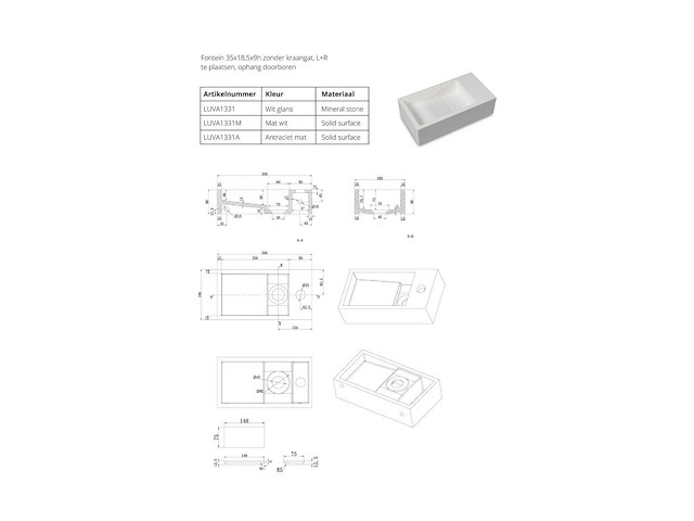 Luca sanitair - luva1331a - fontein 35 x 18,5 x 8 cm - afbeelding 1 van  1