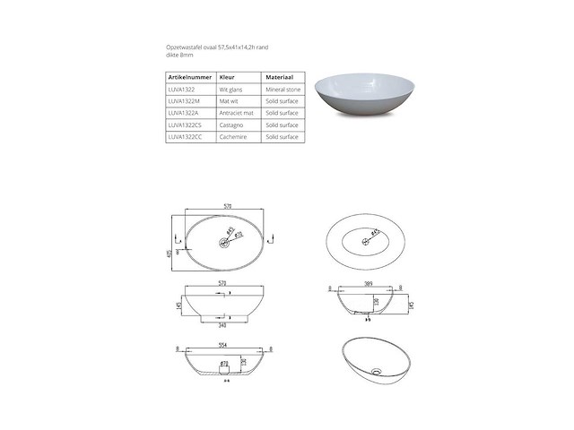 Luca sanitair - ovaal - luva1322cc - waskom 57,5 x 41 cm - afbeelding 2 van  3