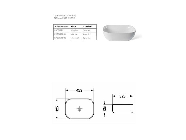 Luca sanitair - rechthoekig - luce1620mg - waskom 45,5 x 32,5 cm - afbeelding 3 van  3