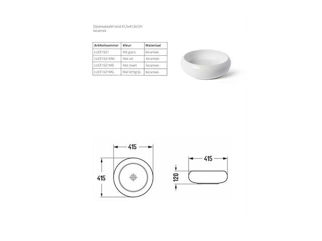 Luca sanitair - rond - luce1621mb - waskom 41,5 cm - afbeelding 3 van  3