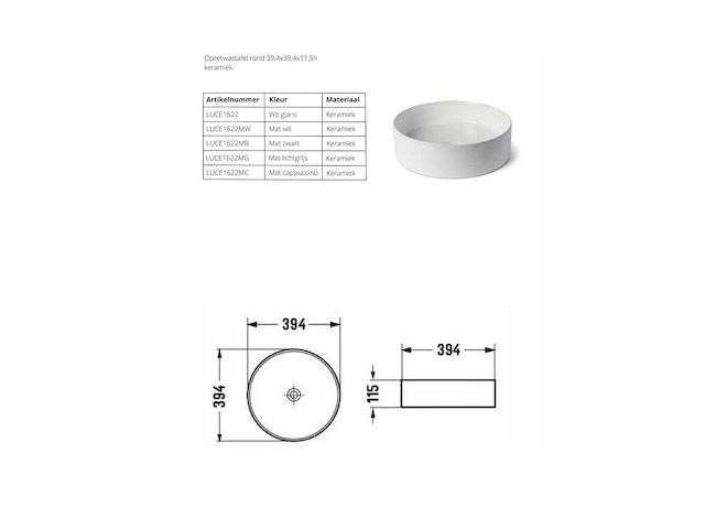 Luca sanitair - rond - luce1622mg - waskom 39,5 cm - afbeelding 2 van  3