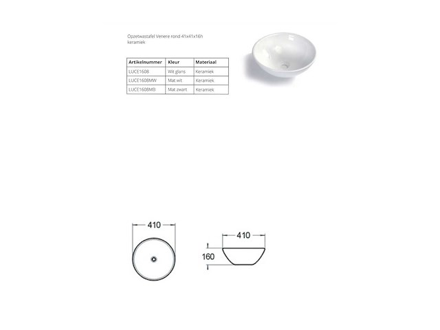 Luca sanitair - venere rond - luce1608mb - waskom 41 cm - afbeelding 2 van  3