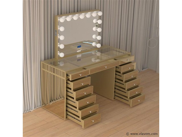 Luxe kaptafel met verlichting - 1500x600x810mm - goudkleurig - incl. krukje - afbeelding 2 van  12
