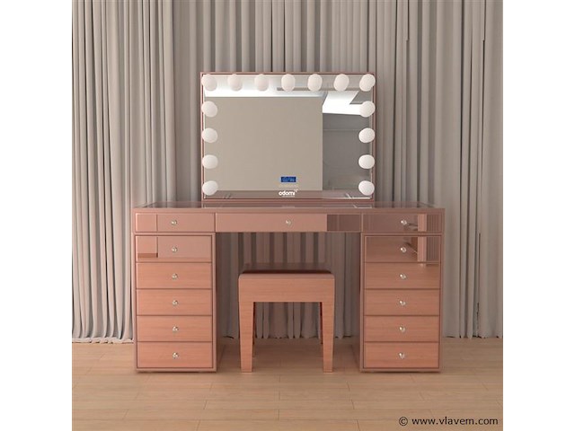 Luxe kaptafel met verlichting - 1500x600x810mm - hoogglans roze - incl. krukje - afbeelding 2 van  12