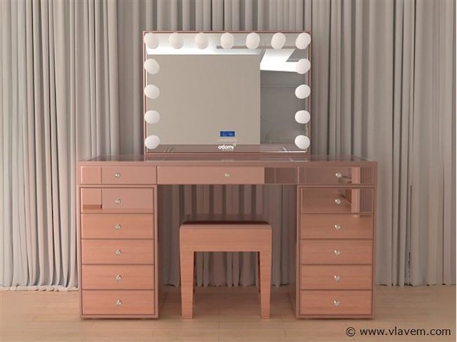 Luxe kaptafel met verlichting - 1500x600x810mm - hoogglans roze - incl. krukje - afbeelding 1 van  12