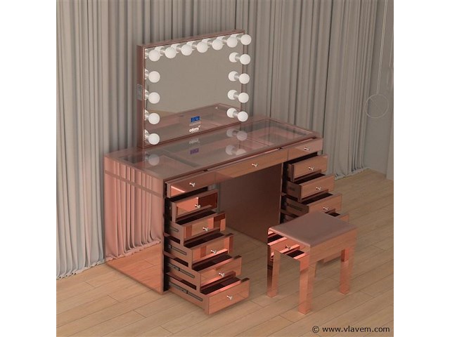 Luxe kaptafel met verlichting - 1500x600x810mm - hoogglans roze - incl. krukje - afbeelding 9 van  12