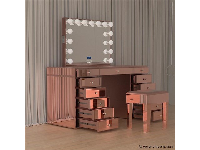 Luxe kaptafel met verlichting - 1500x600x810mm - hoogglans roze - incl. krukje - afbeelding 10 van  12