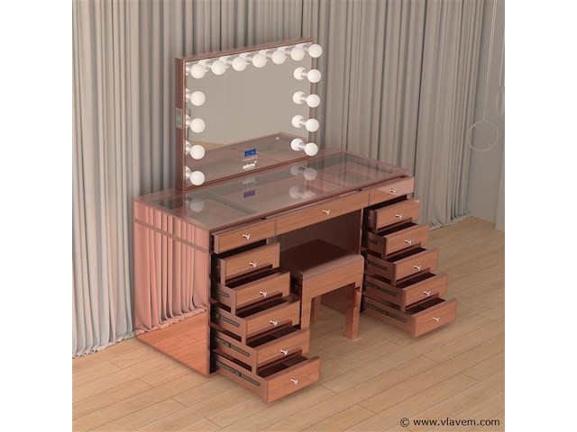 Luxe kaptafel met verlichting - 1500x600x810mm - hoogglans roze - incl. krukje - afbeelding 11 van  12