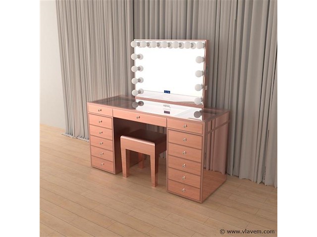 Luxe kaptafel met verlichting - 1500x600x810mm - hoogglans roze - incl. krukje - afbeelding 12 van  12