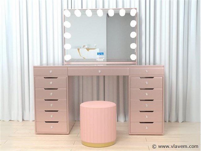 Luxe kaptafel met verlichting - 1500x600x810mm - roze - incl. poef - afbeelding 1 van  11