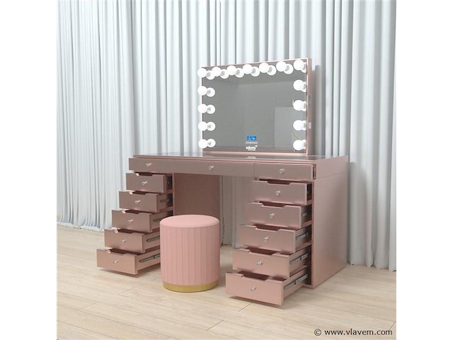 Luxe kaptafel met verlichting - 1500x600x810mm - roze - incl. poef - afbeelding 7 van  11