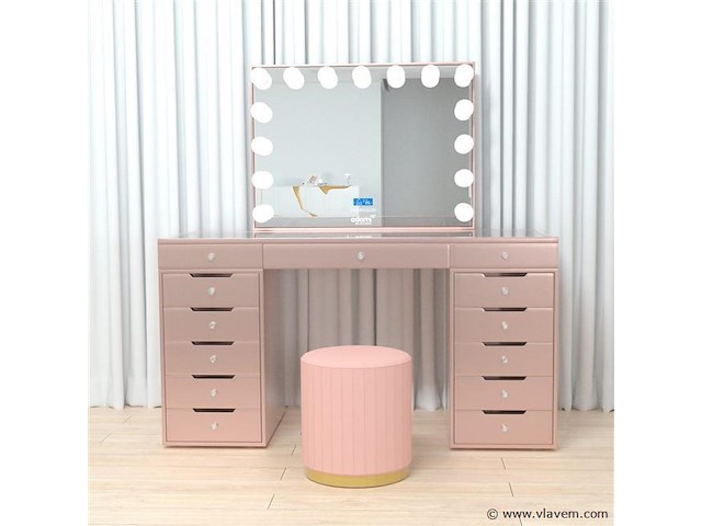 Luxe kaptafel met verlichting - 1500x600x810mm - roze - incl. poef - afbeelding 9 van  11