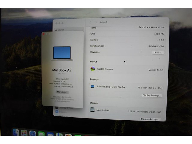 Macbook air m2 2022 14,2 model a2681 emc 4074. werkgeheugen 8 gb. 256 gb ssd. maos sanoma. 13,6 inch terina... - afbeelding 3 van  4