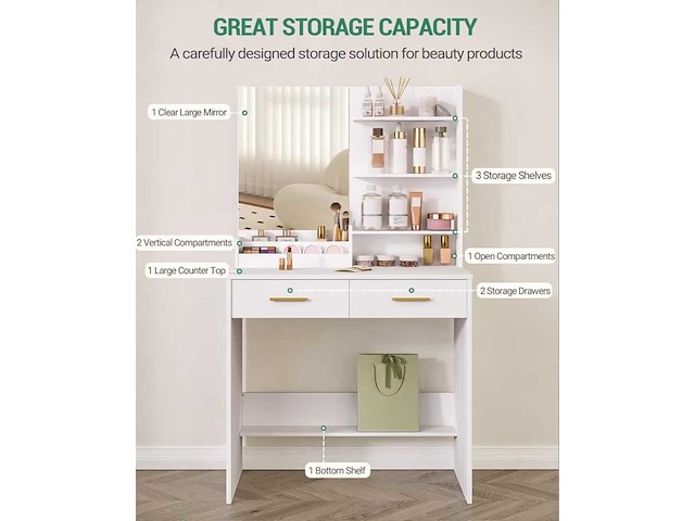 Make-up dressoir met spiegel hzuaneri, wit - afbeelding 2 van  3