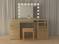 Make up tafel vonato, kaptafel met spiegel en kruk, hoogglans goud - afbeelding 1 van  12