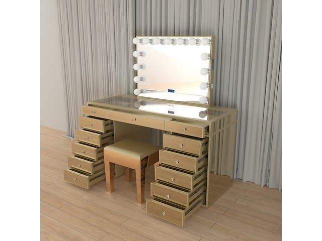 Make up tafel vonato, kaptafel met spiegel en kruk, hoogglans goud - afbeelding 8 van  12