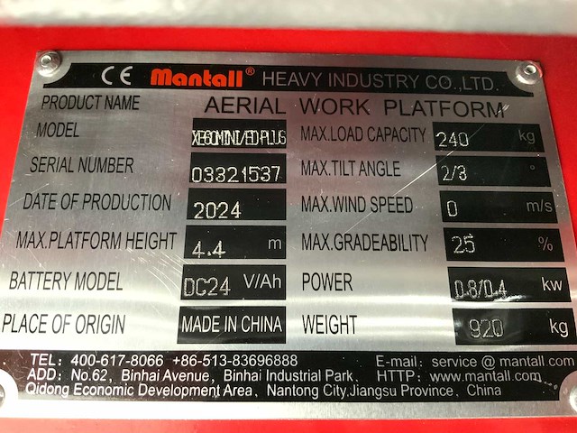 Mantall xe-60 mini - schaarlift hoogwerker 6.4m 2024 - afbeelding 14 van  14