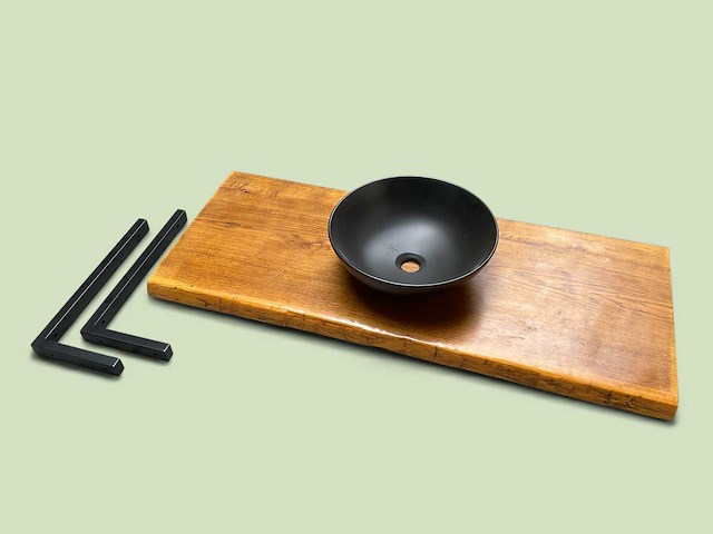Massief houten wastafelblad met kom - afbeelding 1 van  5