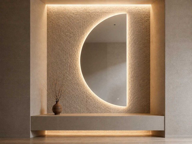 Mawialux decoratieve halve maan led spiegel in 180 of 200cm (zonder rand of mat zwart/goud rand) - afbeelding 13 van  19