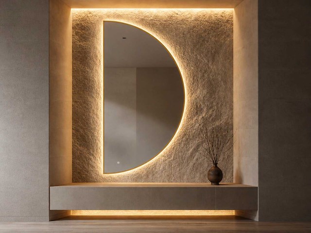 Mawialux decoratieve halve maan led spiegel in 180 of 200cm (zonder rand of mat zwart/goud rand) - afbeelding 1 van  20