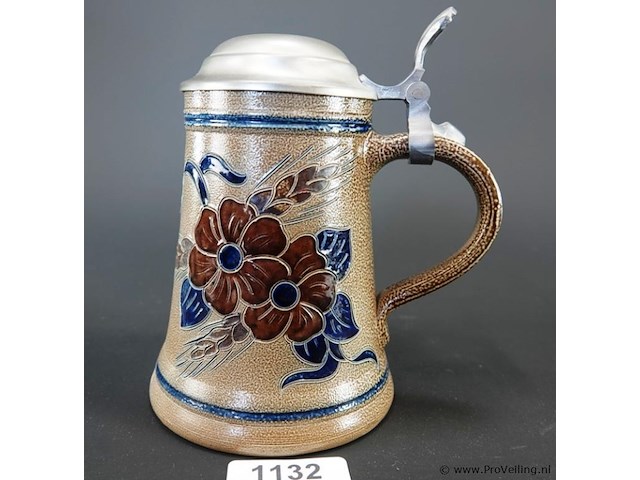Merkelbach duitse vintage zoutgeglazuurde steengoed bierpul met een tinnen deksel - afbeelding 2 van  5