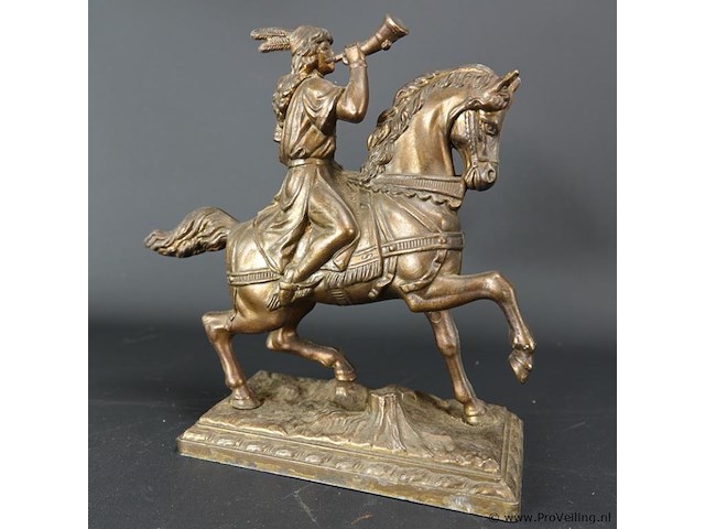 Messing beeld van een hoornblazer te paard - afbeelding 4 van  5