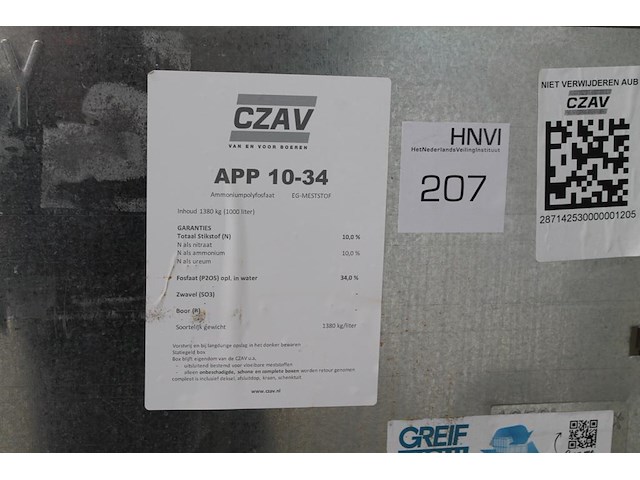 Meststof app 10-34 in ibc vat en 5 deels aangebroken cans. - afbeelding 2 van  4