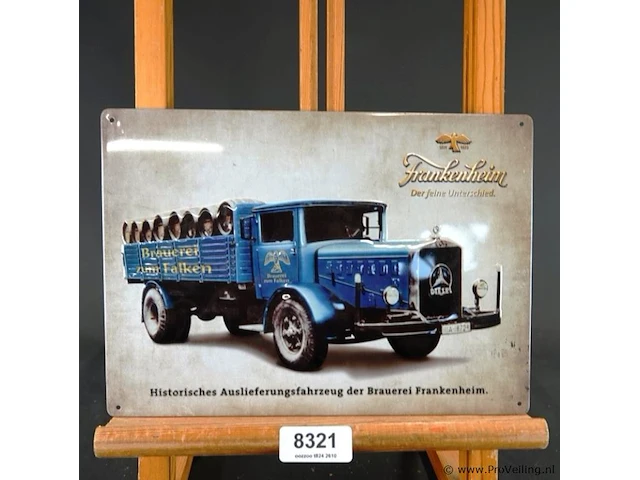 Metalen blechschild van de brauerei frankenheim met een afbeelding van een historisch bezorgvoertuig lkw von brauerei frankenheim - afbeelding 1 van  6
