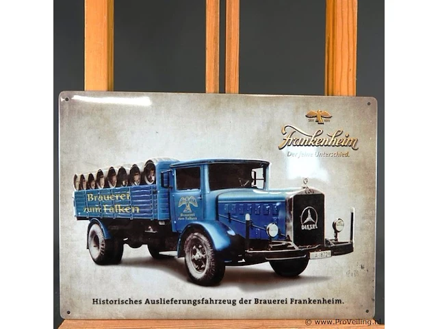 Metalen blechschild van de brauerei frankenheim met een afbeelding van een historisch bezorgvoertuig lkw von brauerei frankenheim - afbeelding 2 van  6