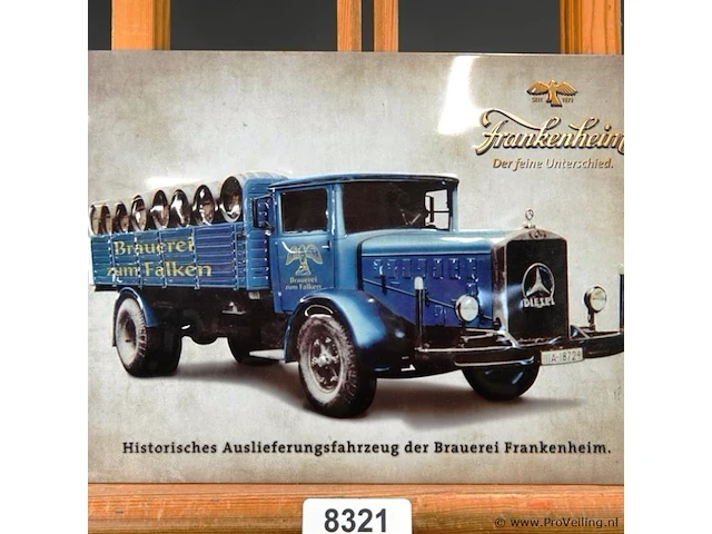 Metalen blechschild van de brauerei frankenheim met een afbeelding van een historisch bezorgvoertuig lkw von brauerei frankenheim - afbeelding 5 van  6