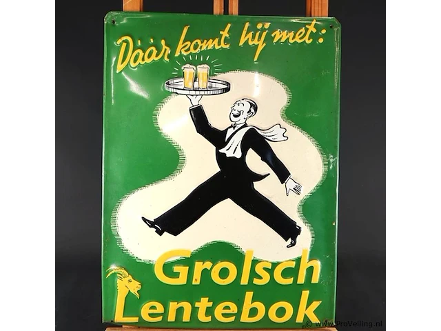 Metalen reclamebord van grolsch lentebok met een afbeelding van een dienblad dragende kelner en de tekst "daár komt hij met: grolsch lentebok" - afbeelding 2 van  5