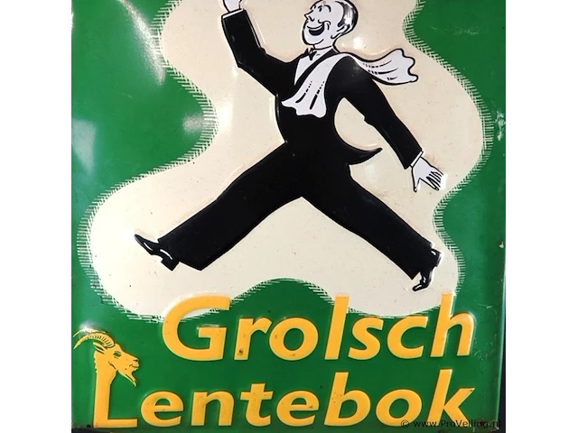 Metalen reclamebord van grolsch lentebok met een afbeelding van een dienblad dragende kelner en de tekst "daár komt hij met: grolsch lentebok" - afbeelding 3 van  5