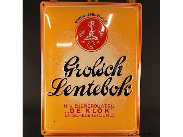 Metalen reclamebord van grolsch lentebok, uitgegeven door n.v. bierbrouwerij 'de klok' uit enschede-groenlo - afbeelding 1 van  5