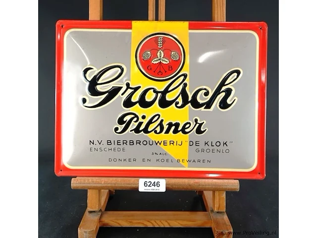 Metalen reclamebord van grolsch pilsner met de historische vermelding van bierbrouwerij de klok - afbeelding 1 van  5