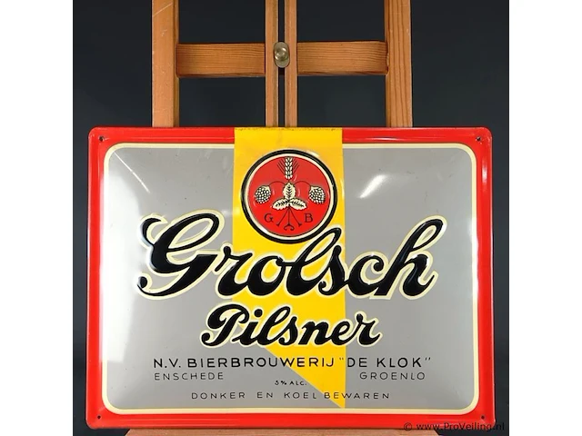 Metalen reclamebord van grolsch pilsner met de historische vermelding van bierbrouwerij de klok - afbeelding 2 van  5