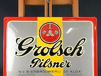 Metalen reclamebord van grolsch pilsner met de historische vermelding van bierbrouwerij de klok - afbeelding 2 van  5